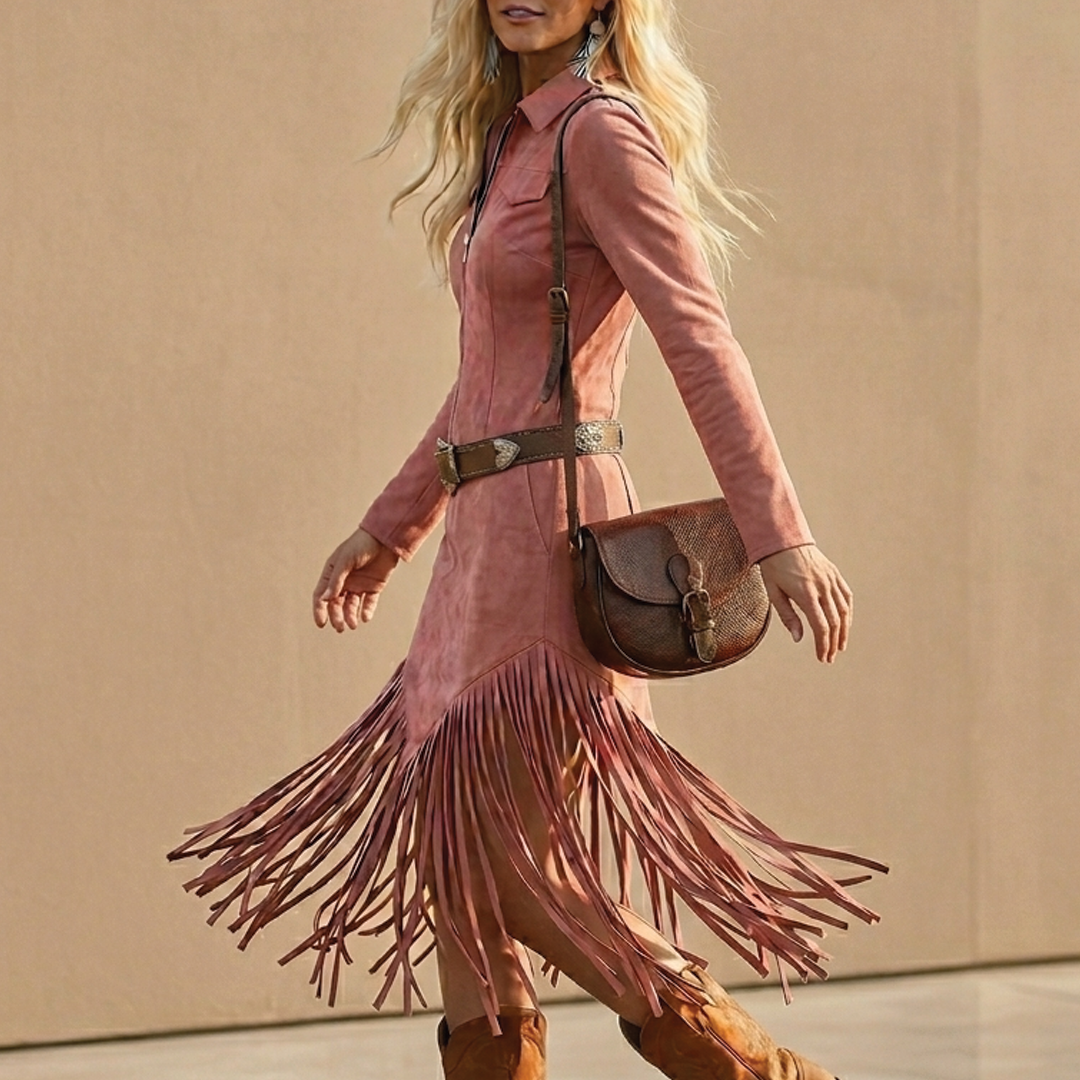 Savannah - Western Suede Fringed Midi Dress
