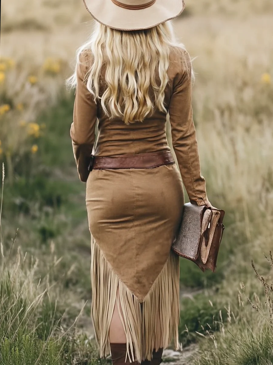 Savannah - Western Suede Fringed Midi Dress