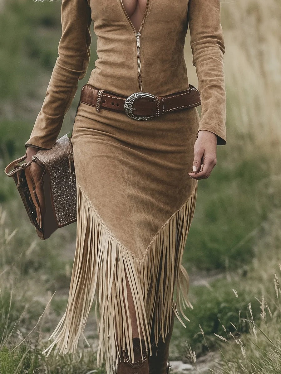 Savannah - Western Suede Fringed Midi Dress